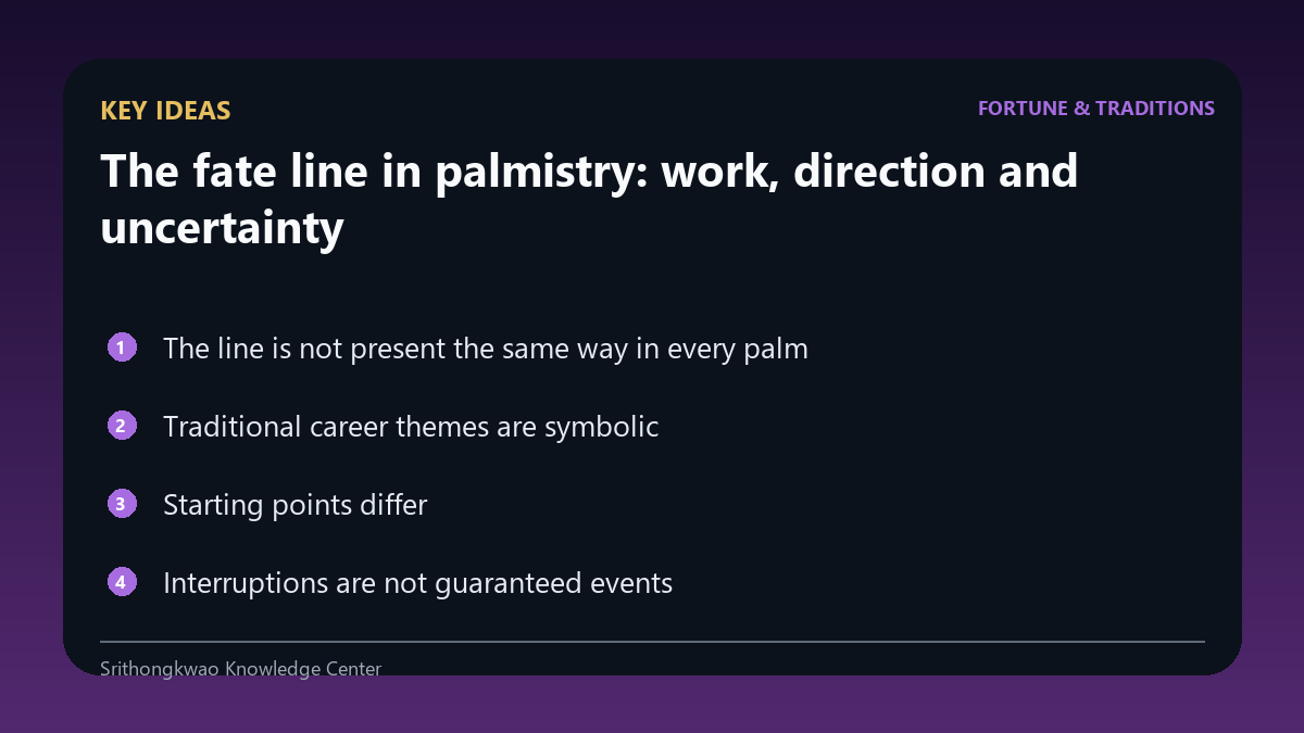 Key concepts for The fate line in palmistry: work, direction and uncertainty