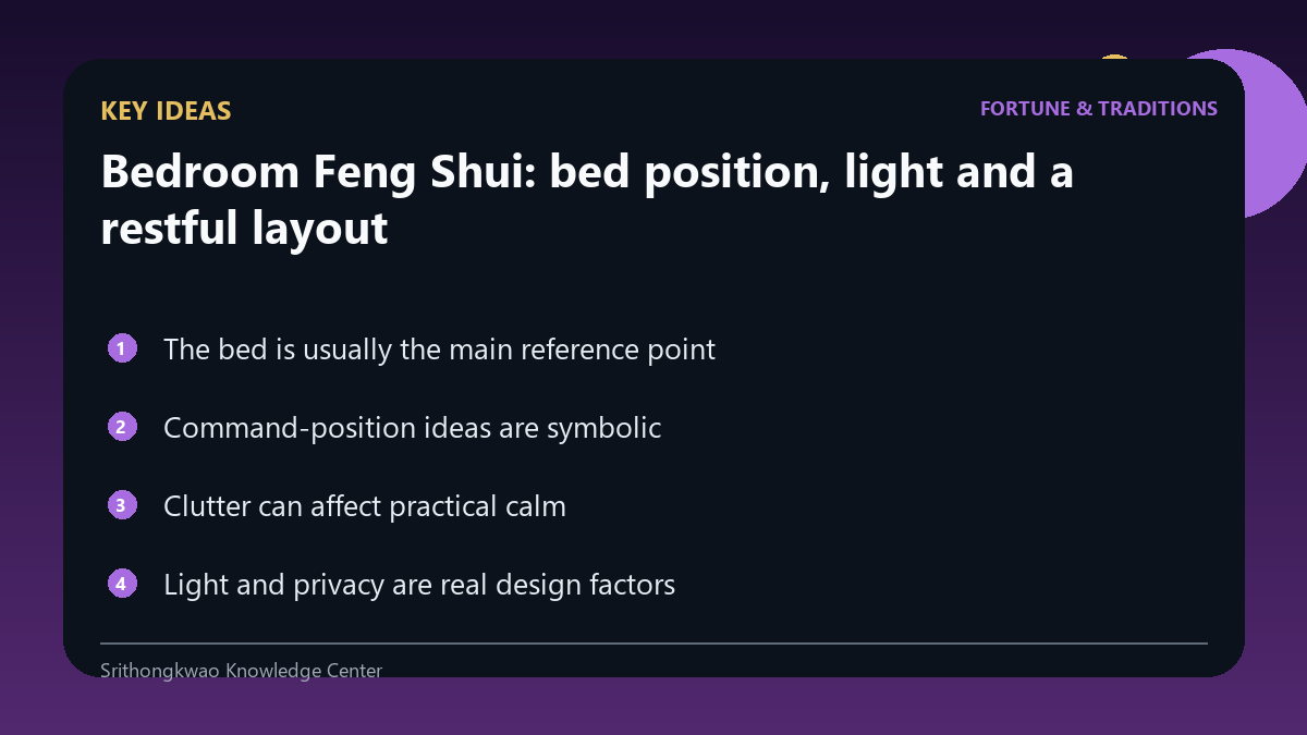 Key ideas from Bedroom Feng Shui: bed position, light and a restful layout