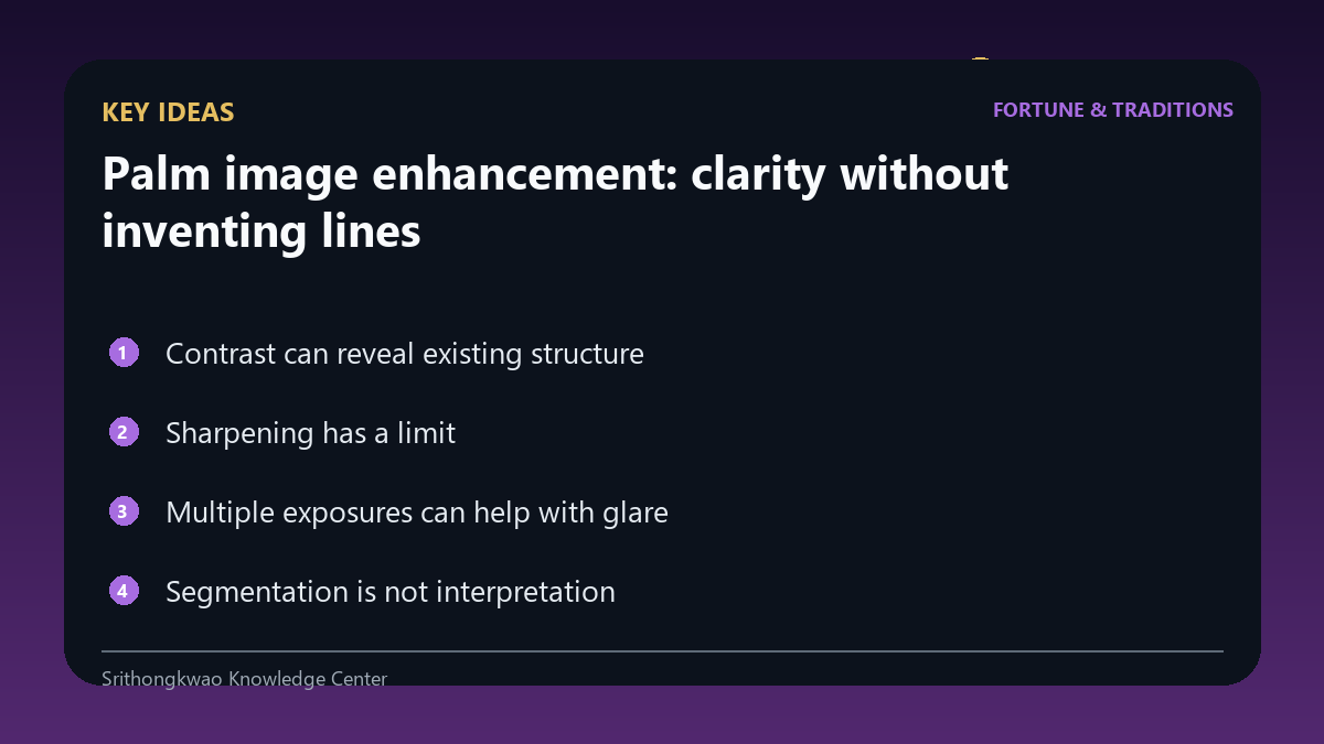 Key ideas from Palm image enhancement: clarity without inventing lines