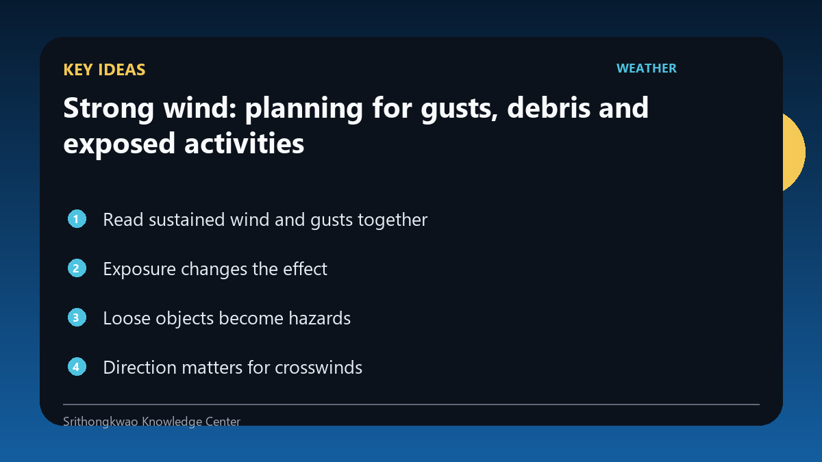 Key concepts for Strong wind: planning for gusts, debris and exposed activities